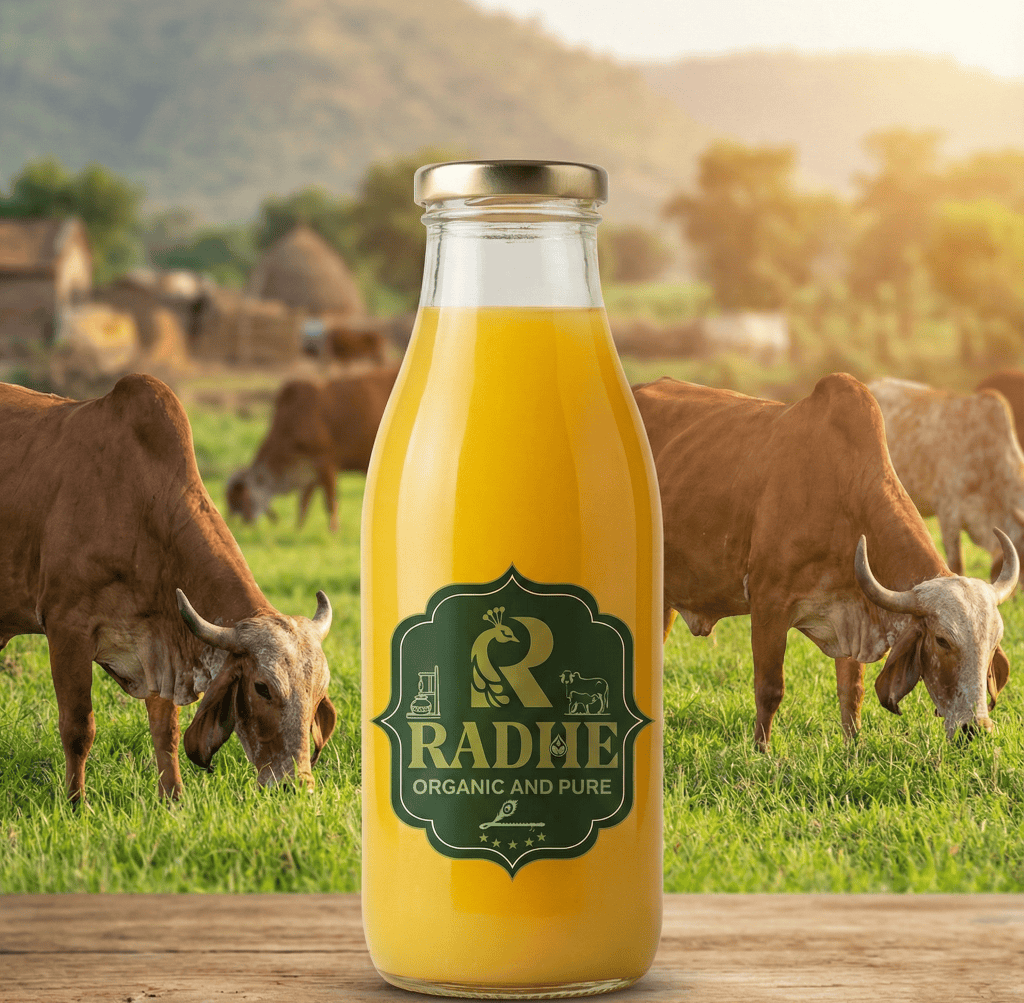 Authentic organic bilona Gir cow ghee made from A2 milk of grass-fed Gir cows. Traditionally hand-churned, aromatic, chemical-free, and naturally healthy.